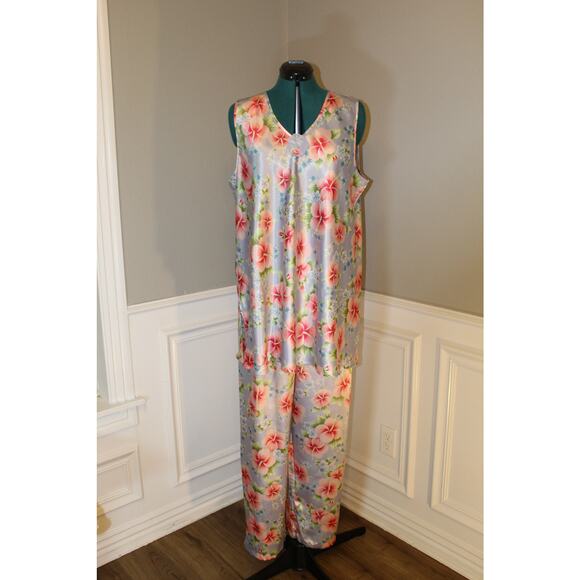 Cabernet Other - Cabernet Sleepwear Satin Floral Pajama Set Blue Pink Hibiscus Size XL LoungeWear